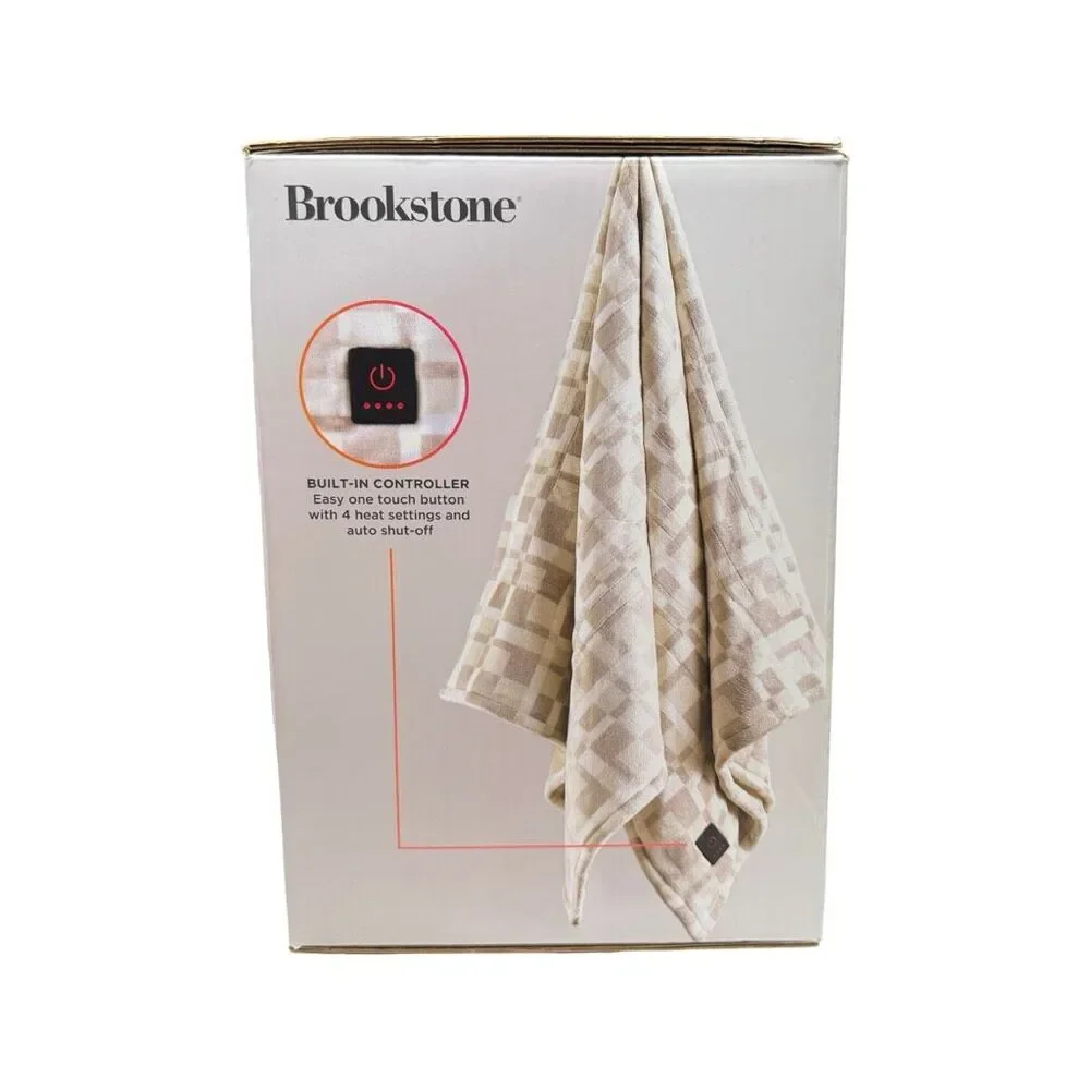 Brookstone Cozy Heated Printed Plush Throw - 50” x 60” - Chic Plaid
